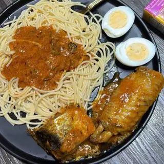 Sphaghetti, boiled egg, titus fish and turkey