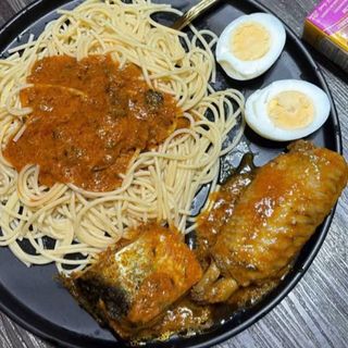 Sphaghetti, boiled egg, titus fish and turkey