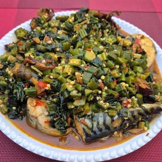 Okro mixed with titus and croaker fish