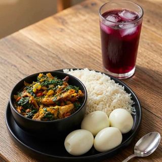 White rice served with eforiro mixed with chicken goatmeat 4 boiled eggs and zobo