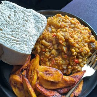 Agege Bread served with oloyin beans porridge and plantains