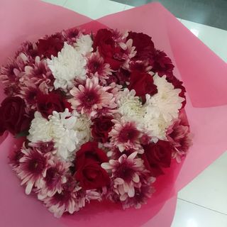 Red Roses, Lilac and white Chrysanthemums Flowers.