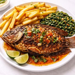 Fish wet-fry + chips + greens