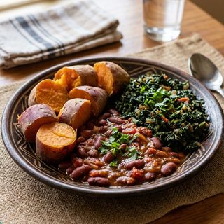 Boiled Sweet Potatoes, Beans Stew, Kienyeji Greens