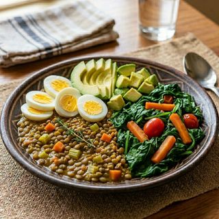 Boiled Eggs, Avocados, Spinach, Mixed Veges,Lentils