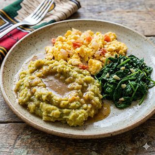 Mashed Matoke, Scrambled Eggs, Spinach