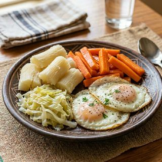 Boiled Cassava, Steamed Carrot, Pan Fried Eggs, Steamed Cabbage