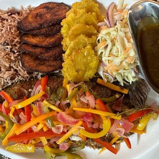 Jamaican Escovitch Tilapia Meal – Rice & Peas, Plantain, and Callaloo/Coleslaw