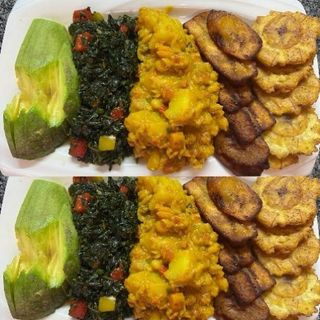 Jamaican Style Curry Chickpeas, Callaloo, Plantain ,Avocado