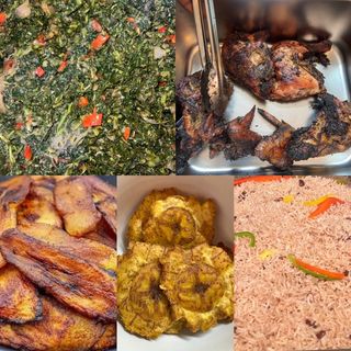 1/4 Jamaican Jerk Chicken with Rice & Peas, Plantain, with Oxtail Gravy