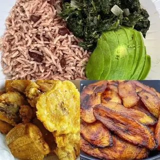Jamaican Vegan Meal ,  Rice & Peas Callaloo, Plantain & Avocado