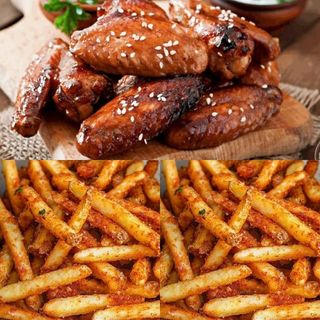 8PC Sesame-Glazed Jamaican Jerk BBQ Chicken Wings With a Serving of French Fires