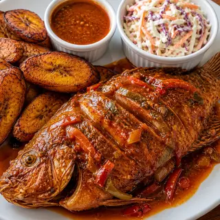 Sauced Tilapia fish and Plantain