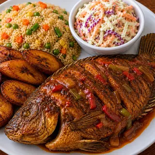 Tilapia fish, Vegetable rice & plantain