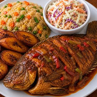 Tilapia fish, Vegetable rice & plantain