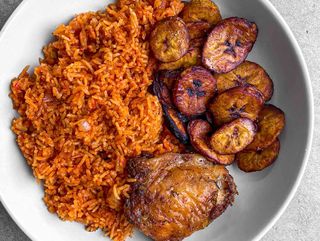 Jollof Rice, Chicken and Fried Plantain
