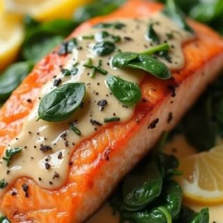 Филе форели с картофельным пюре , шпинатом и соусом биск