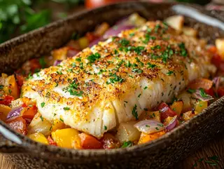 Запеченный судак под овощами