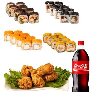 Комбо №3 ( 32 штуки роллов, Крылышки - 8 штук, Coca Cola 1л.)