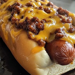 Сырный Хот-Дог с фирменным топпингом и картофелем.