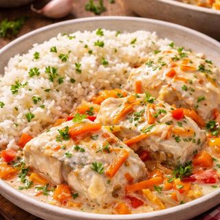 Минтай с овощами и рисом