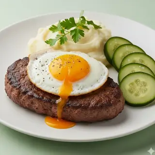 Бифштекс с яйцом и пюре