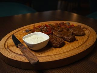 Медальоны из говядины с овощами и соусом тар-тар