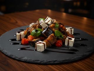Салат с баклажанами, спелыми томатамии сыром фета
