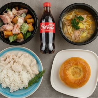 Комбо 3. Курица в белом соусе. Рис припушенный. Кеспе коже. Малибу. Лепешка с кунжутом. Кола 0,5