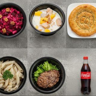 Комбо 2. Министерская котлета. Макароны. Французский суп. Винегрет зимний. Лепешка с кунжутом. Кола 0,5