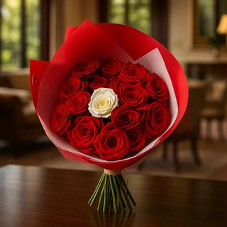 Bouquet 15 Roses Rouge au Coeur Blanc