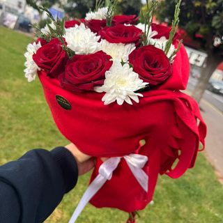 Mikasa’s Red Scarf Bouquet With Red Roses And White Chrysanthemums
