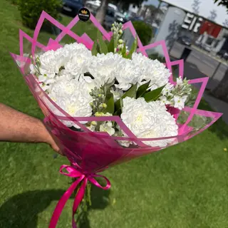 Pure White Carnation Bouquet in Pink Geometric Wrap