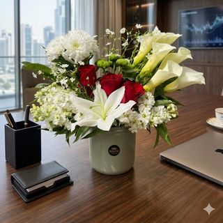 Office Desk Elegance Bouquet with Calla Lilies, Red Roses & Hydrangeas.