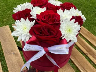 Crimson & Ivory Rose Hatbox Arrangement.