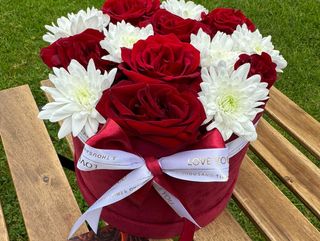 Crimson & Ivory Rose Hatbox Arrangement.