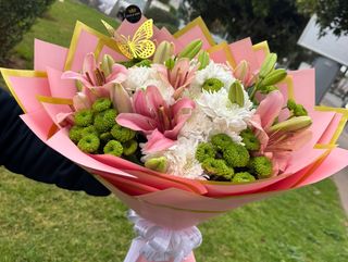 Blush Pink Lily, White Mums & Green Button Chrysanthemums Bouquet