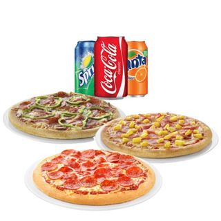 Trois pizza au choix plus trois boissons