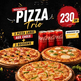 Trois pizza large au choix plus trois boissons