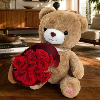 Ourson marron et 12 roses rouges