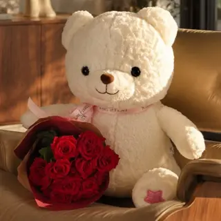 Ourson Blanc et 12 Roses rouges