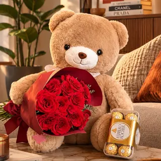 Trio Grand Ourson marron, 12 Roses, Ferrero