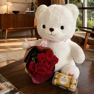 Trio Grand Ourson blanc, 12 Roses, Ferrero