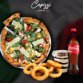 MENU GOURMAND -Pizza Meduime Au Choix + Onion Rings + Boisson 33Cl Au Choix + Dessert
