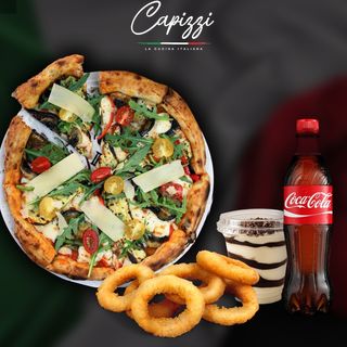 MENU GOURMAND -Pizza Meduime Au Choix + Onion Rings + Boisson 33Cl Au Choix + Dessert