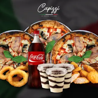 3 Pizza La Regina Large + 5 Onion Rings + 5 Nugget + 3 Tiramisu + 1 Litre de Boisson 
