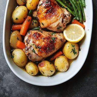 Cuisse de poulet avec de pommes de terre , des carottes et des olives verts