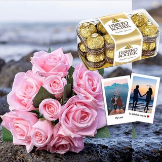 Cadeau Bouquet rose photo et chocolat
