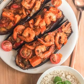 tartine d'aubergines au gambas