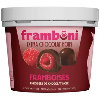 Framboni Noir - Framboises enrobées de Chocolat Noir 72%